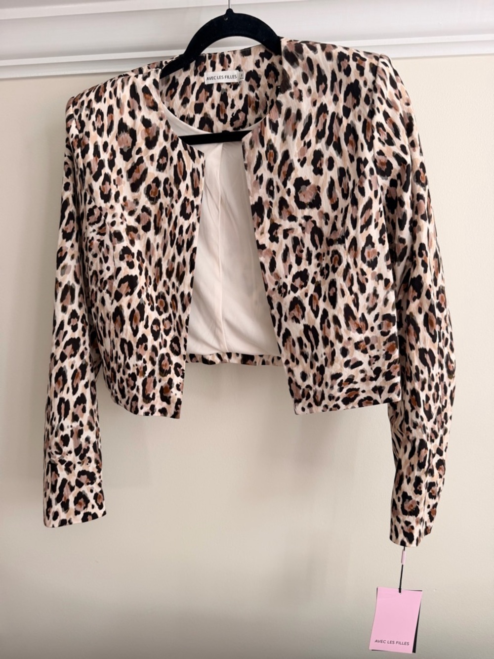 Avec Les Filles Leopard-Print Cropped Blazer in Beige and Black